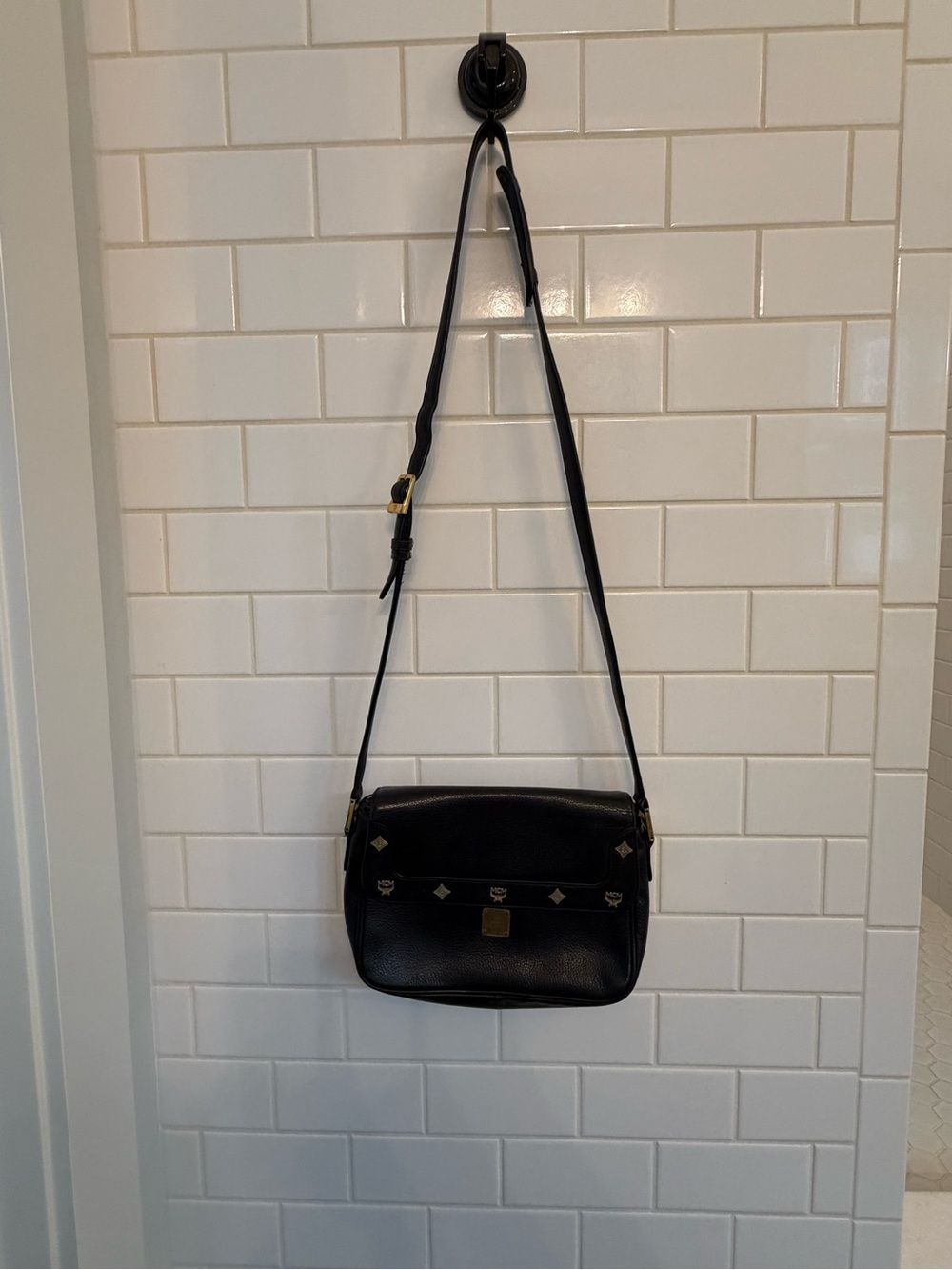 MCM Black Leather Shoulder Bag with Gold Accents - Picture 2 of 6